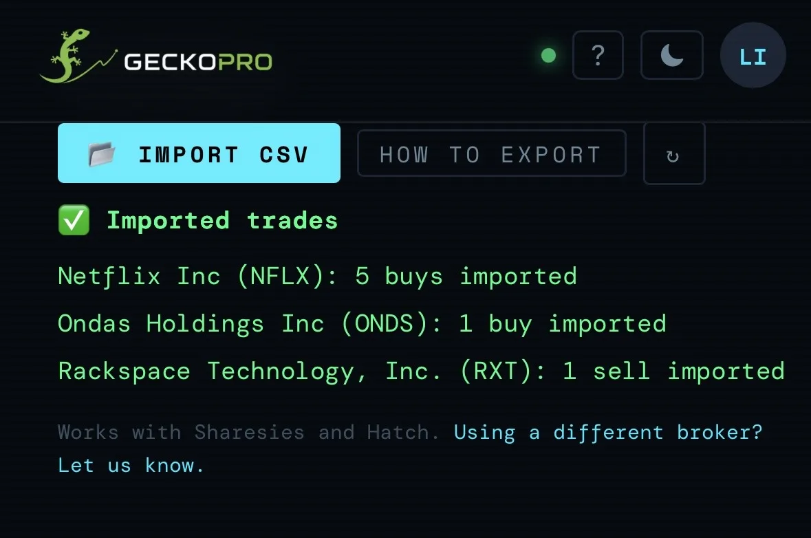 GeckoPro CSV import success screen — trades imported from Sharesies