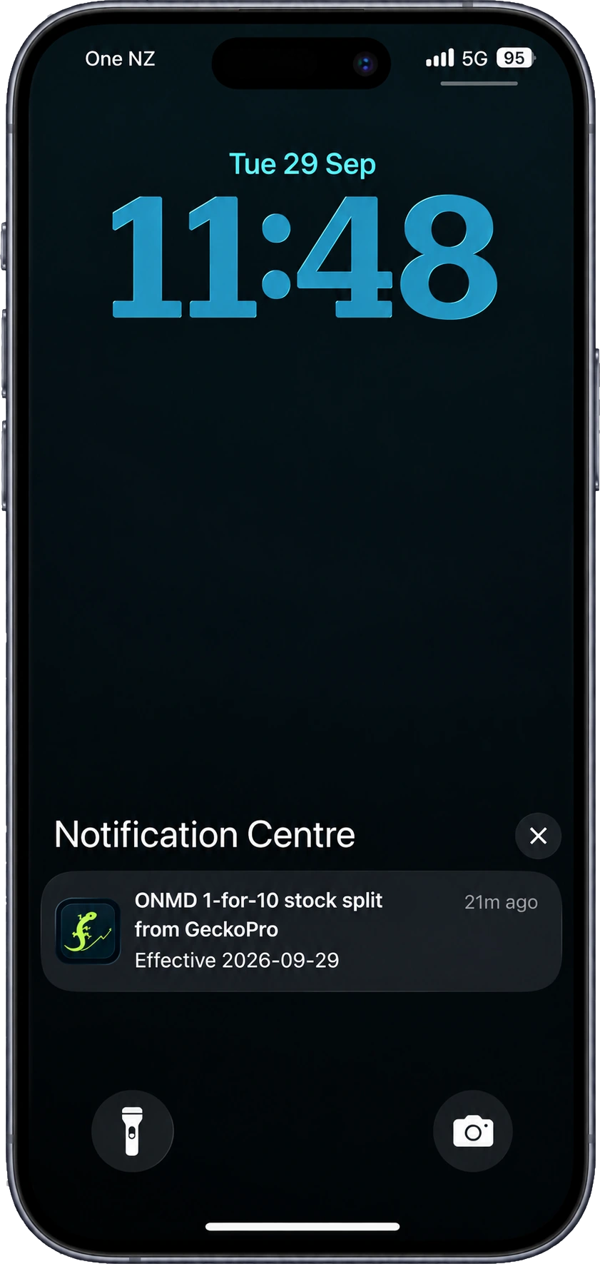 GeckoPro push notification: ONMD 1-for-10 stock split