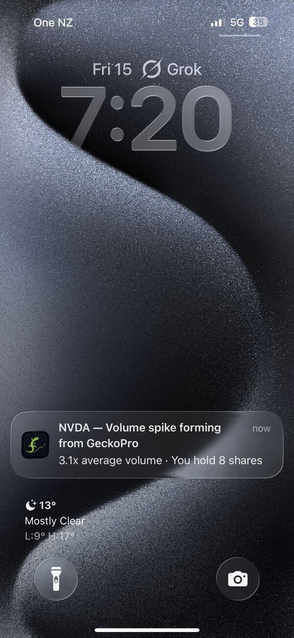 GeckoPro push notification on iPhone lock screen — NVDA volume spike forming, 3.1x average volume, you hold 8 shares