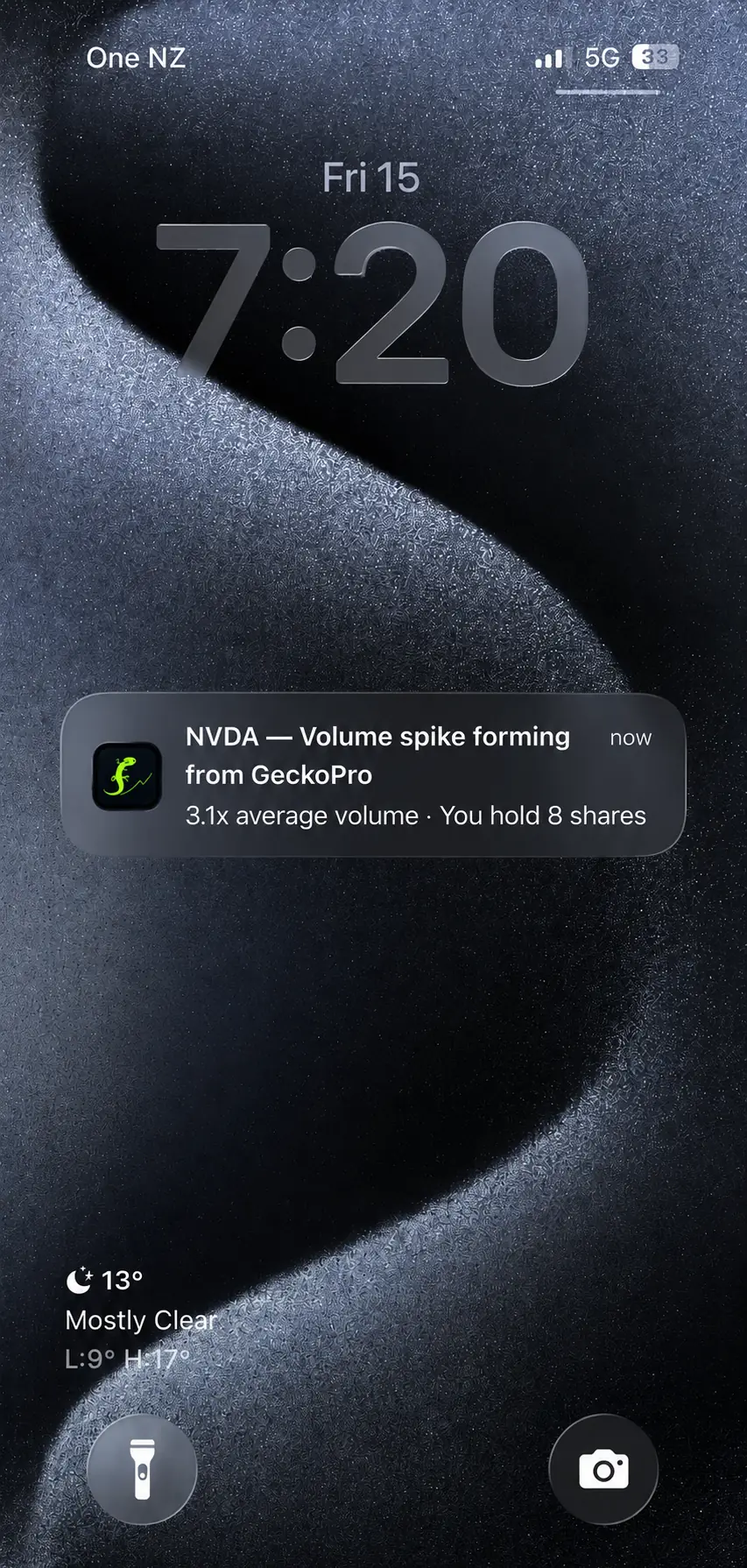 GeckoPro push notification on iPhone lockscreen — NVDA volume spike alert