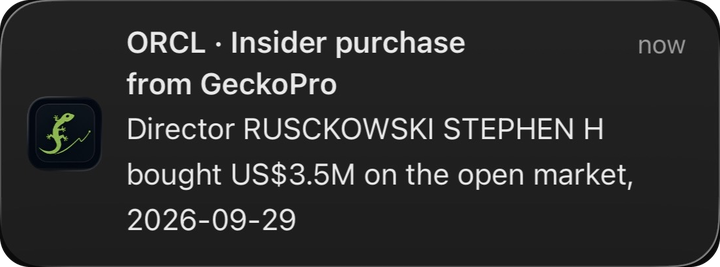 GeckoPro push notification: ORCL insider purchase, Director Stephen H. Rusckowski bought US$3.5M on the open market